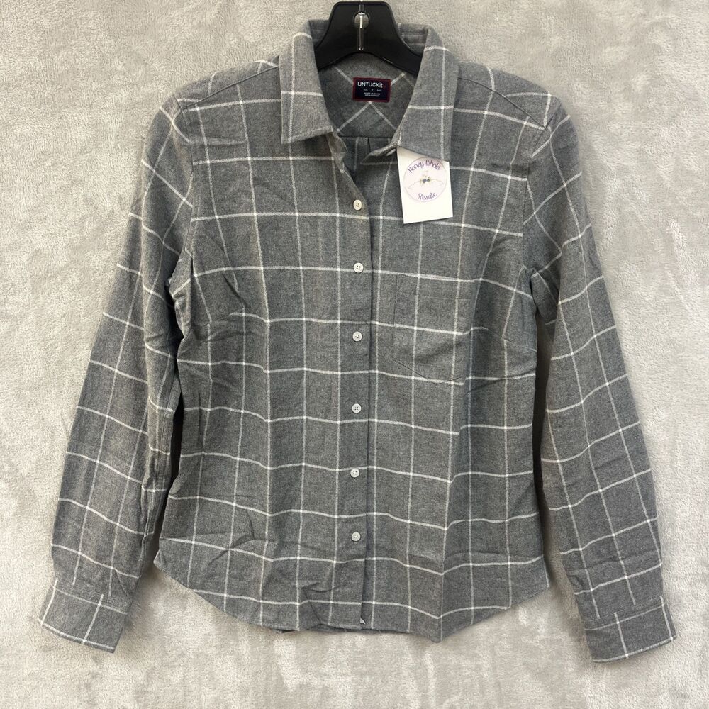 Untuckit Flannel Shirt‎ Women’s 2 Gray Plaid Button Up Cotton New XS Long Sleeve
